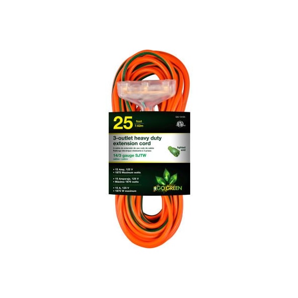Gogreen SJTW Extension Cord, 14 AWG, Outdoor, 14/3, 3 Outlets, Orange, 25 ft GG-15125 - main